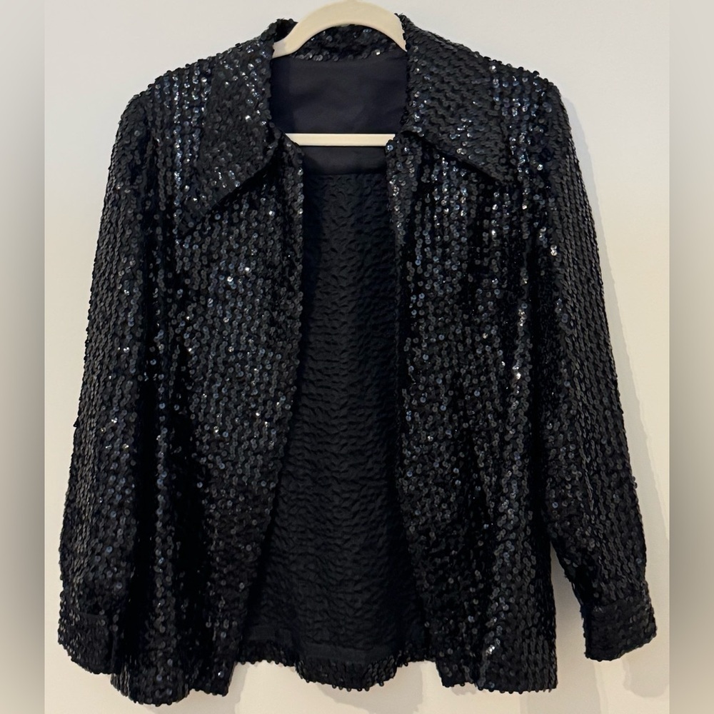 Elinor Gay Vintage Black Sequin Open Front Long Sleeve Jacket Size 16